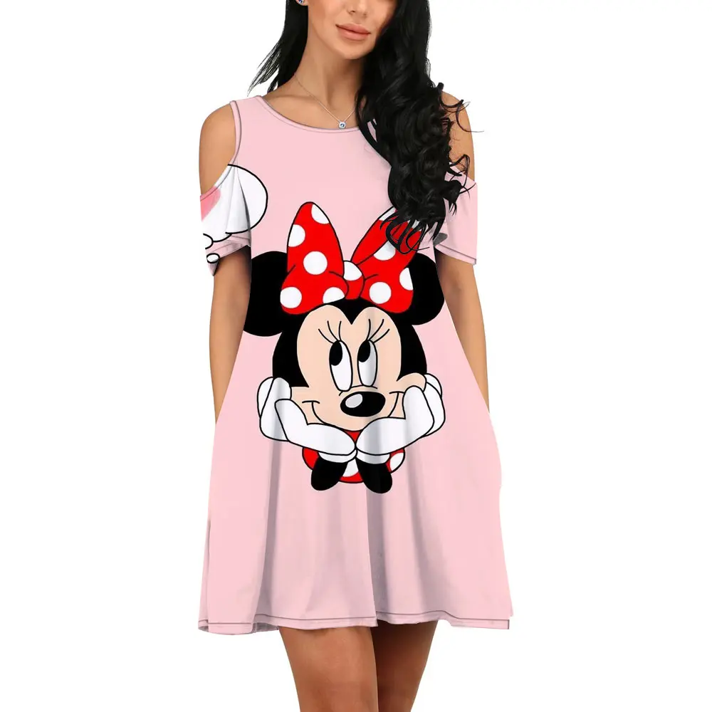 Summer 2022 Streetwear Disney Brand Dumbo Mickey and Minnie Anime New Ladies Casual O Neck 3D Print Sexy Off Shoulder Dress y2k