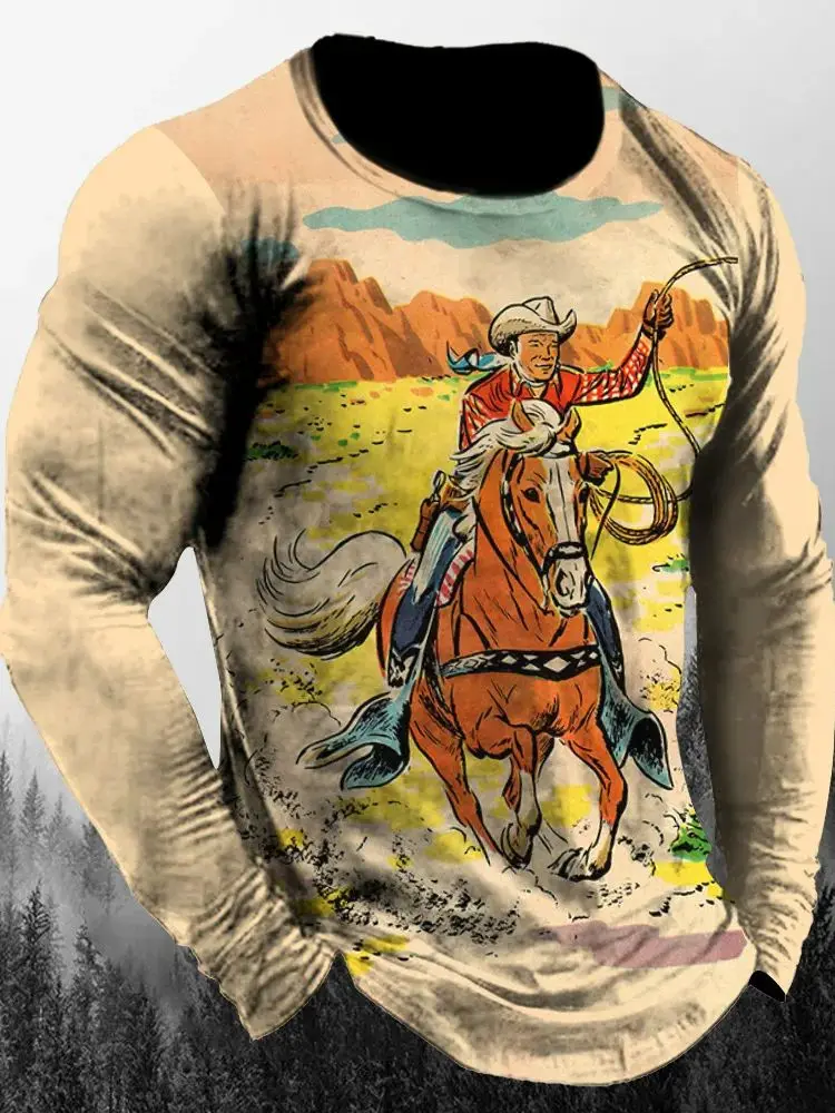 Vintage Westside Cowboy Print Autumn Men's O-Neck T-shirt Casual Long Sleeve Oversized T Shirts Fashion Tops Trend Men Clothing