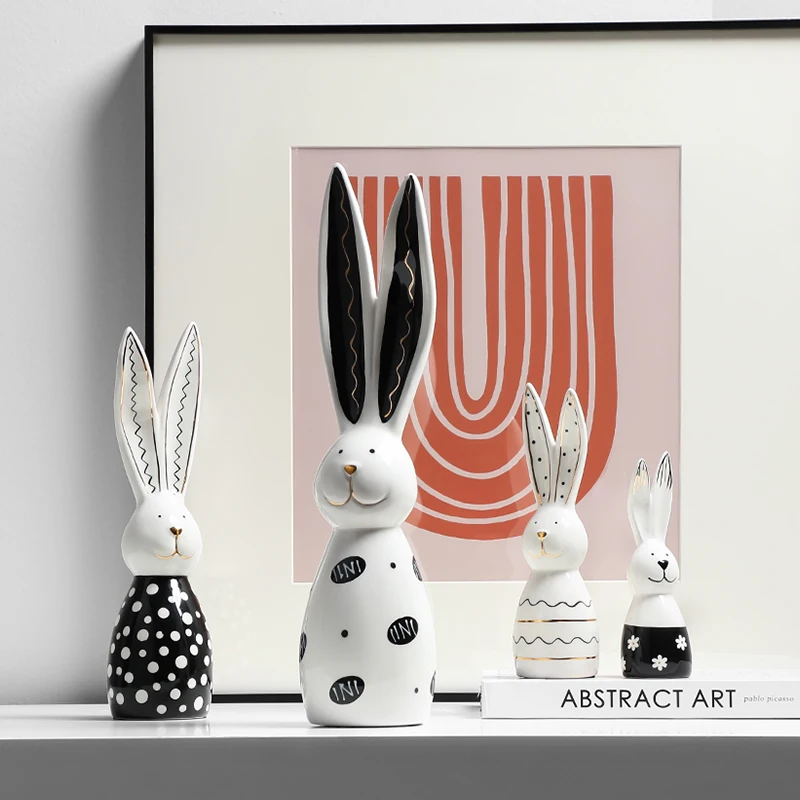 Hand Painted Gold Lines Polka Dot Ceramic Long Ears Rabbit Ornament Living Room Children'S Room Desktop Cartoon Art Decor