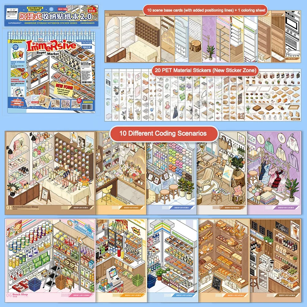 

Supermarket 3D Miniature Sticker Book Exquisite Illustrations Gourmet Paradise PET Die Cut Stickers PET Die Cut
