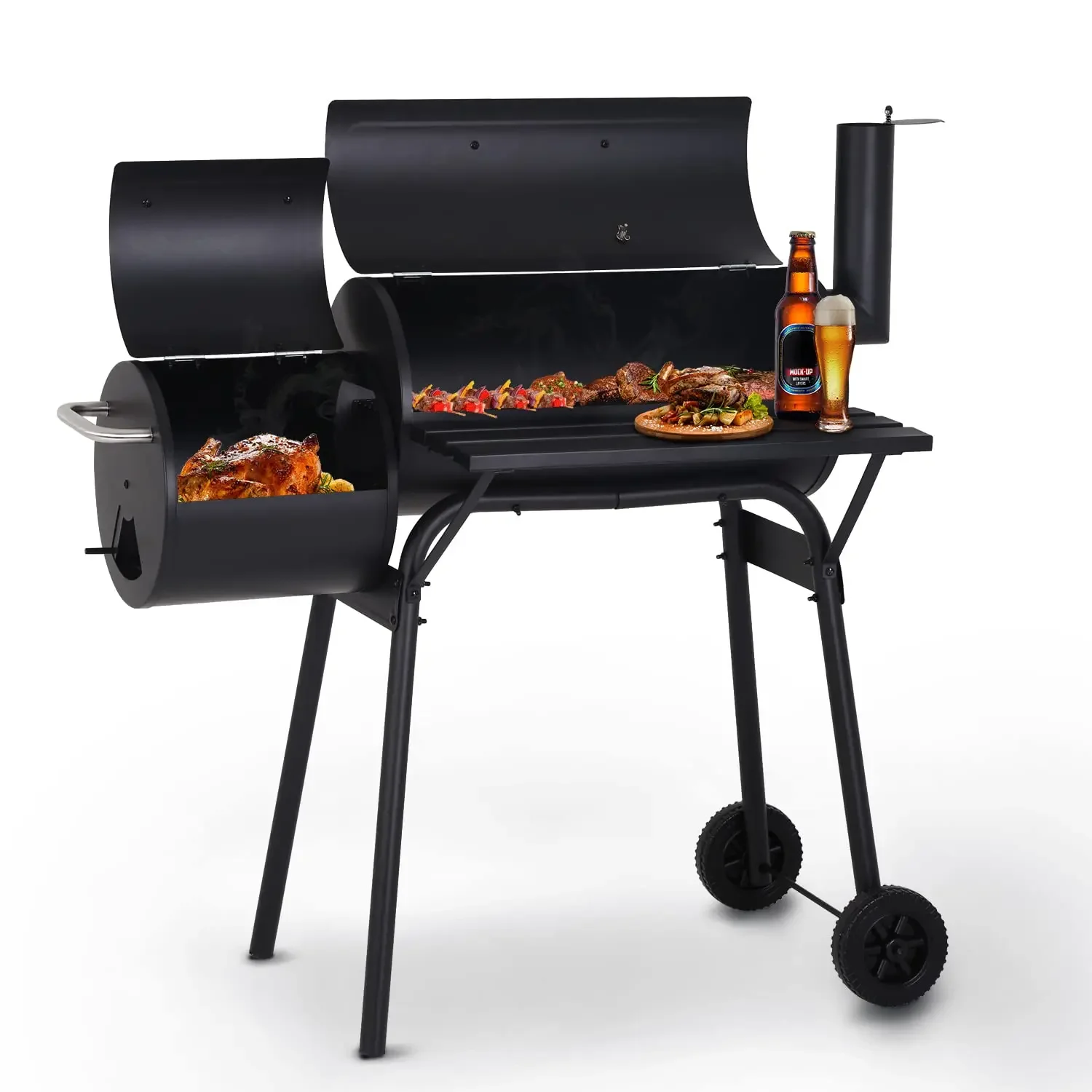 

Charcoal Grills Outdoor BBQ Grill Offset Smoker with Wheels Side Fire Box Portable Barbecure Grill for Outdoor Cooking Backyard