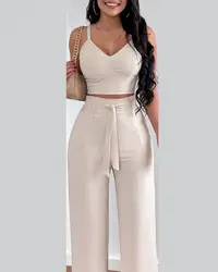 Two Piece Sets Womens Outifits Summer Fashion Shirred Plain V-Neck Sleeveless Crop Top & Casual Pocket Design Wide Leg Pants Set