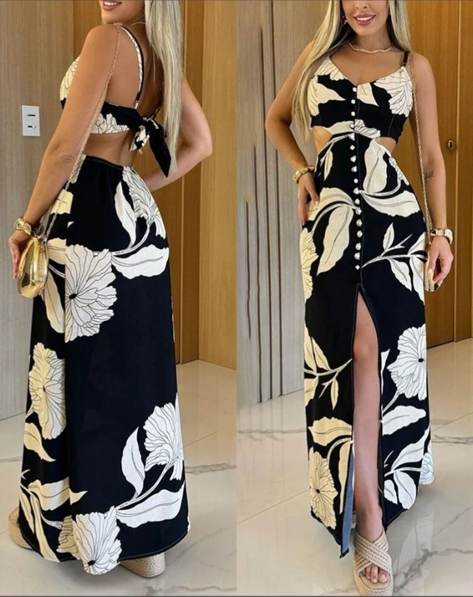 

Printed V-neck adjustable thin shoulder strap long skirt button front slit A-line dress