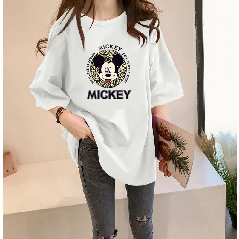 

Disney Mickey 2023 New Women Korean Style Short Sleeve Tee Trendy Midi Length Plus Size Loose Slim Tops 200Lbs ladies clothes