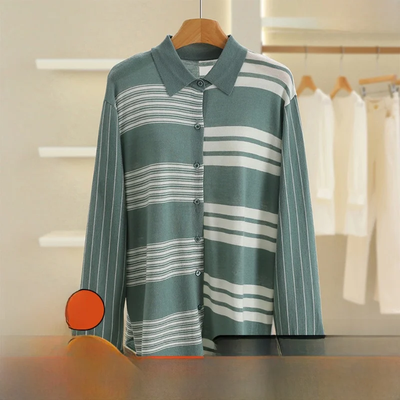 سترة نسائية محبوكة فضفاضة مفتوحة كاجوال مخططة اللون بلو سبليت طوق سترة الخريف Faion السيدات قسط متماسكة... #1