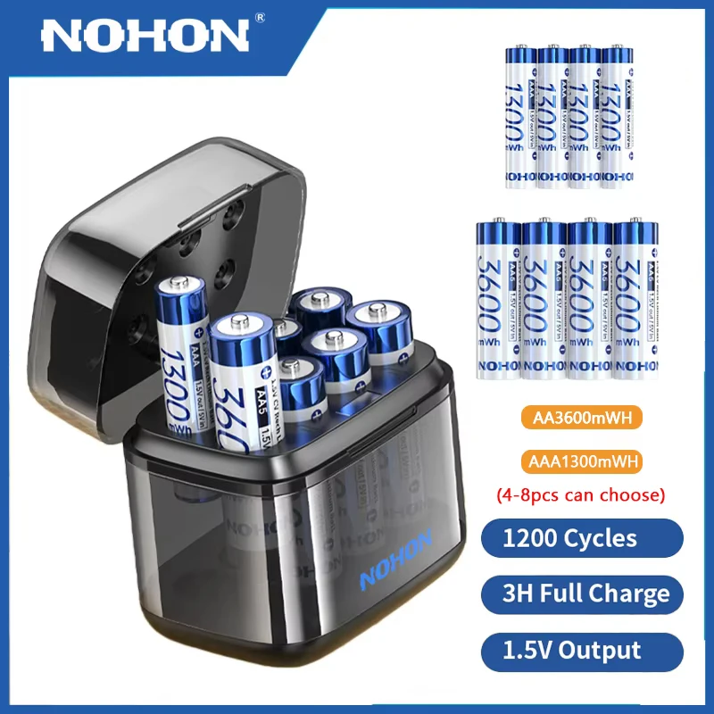 NOHON 1.5V Li-ion Rechargeable Batteries Bulk，4-slot AA+4-slot AAA Battery Charger / 8-slot AA Battery Charger Charging Box
