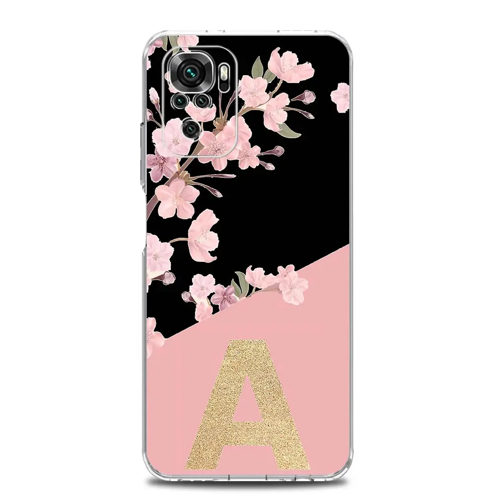 Golden Letter Flower Phone Case For Xiaomi Redmi Note 13 12 5G 9S 9 8 10 11 Pro Plus 4G 9T 13C 12C10C 9C 9A 7 Pro Clear Cover