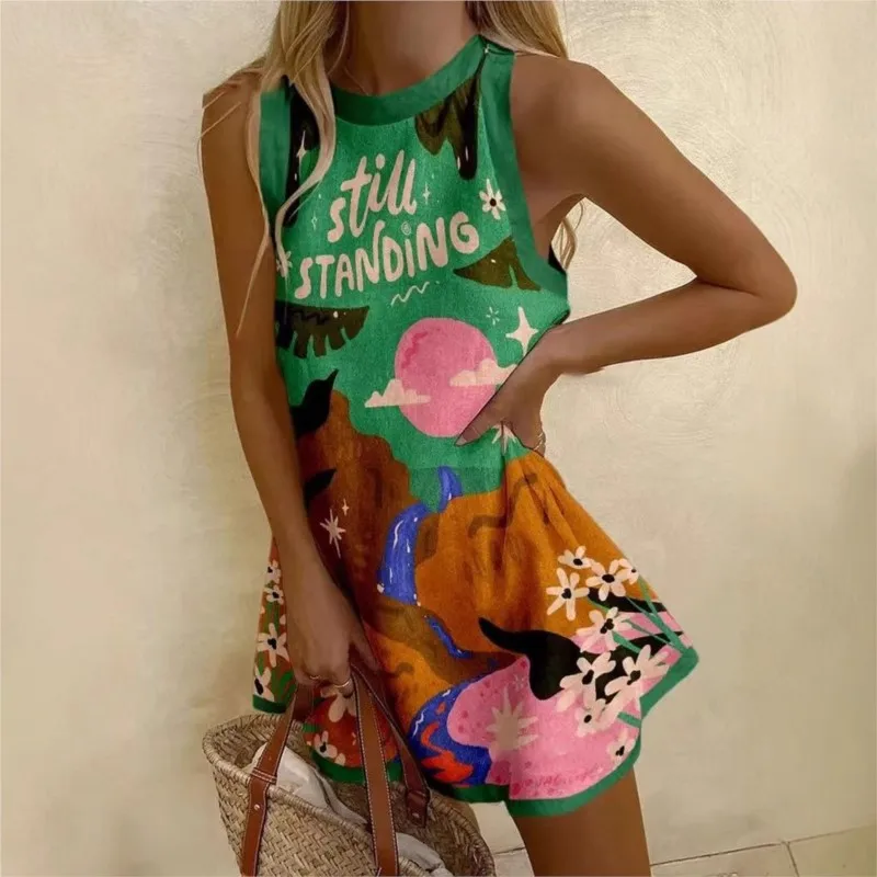

2025 Summer New Fashion Cartoon Print Mini Dress Women Casual O-neck Sleeveless A-line Dresses Holiday Beach Sundress Female