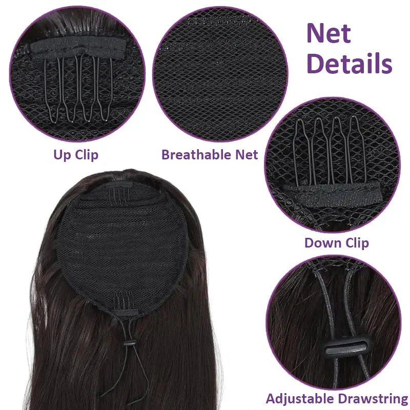 Longas extensões de cabelo rabo de cavalo para mulheres, extensão do cabelo humano remy, cor marrom escuro, cordão reto, #2, desgaste diário