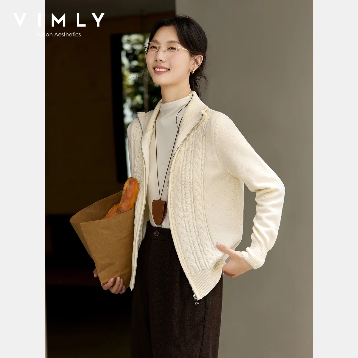 

VIMLY Apricot Cardigans Women 2025 Autumn Casual Cable Knit Zip Up Woman Cardigan Elegant Lapel Collar Female Sweaters 75198