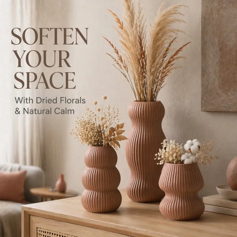 3Pack Tiered Fluted Calabash Vase Set Eco PLA Grainy Matte Vase Nordic Home Decor For Pampas Grass, Dry Bouquet & Greenery Plant