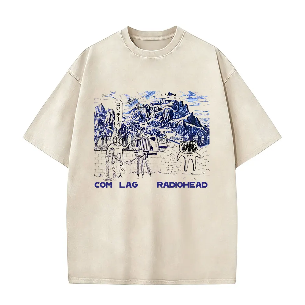 Washed Vintage Rock Band Radiohead Com Lag Merch 2026 T Shirt Men Gothic Casual Cotton T-shirts Hip Hop Oversized Short Sleeves