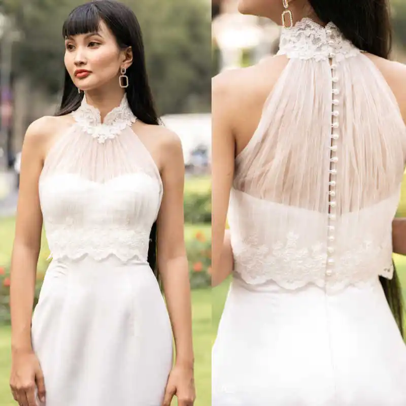 Exquisite Bridal Jacket Halter Neck Lace Trim Pearl Button Formal Cover Up for Bridal Events & Wedding Customized