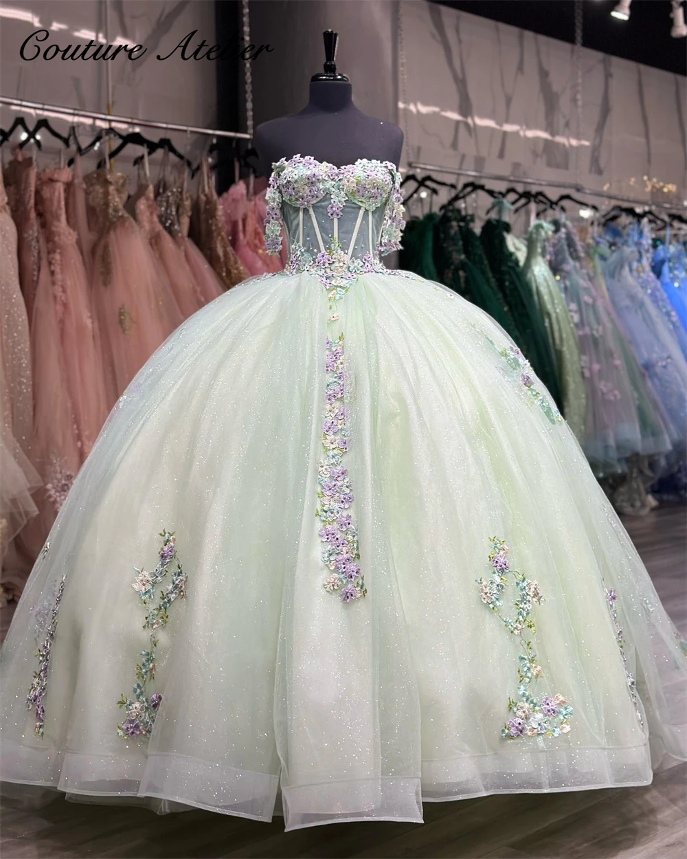 

Light Purple And Green Lace Appliques Off The Shoulder Quinceanera Dresses Ball Gown Corset Princess Dress vestidos de quinceañe