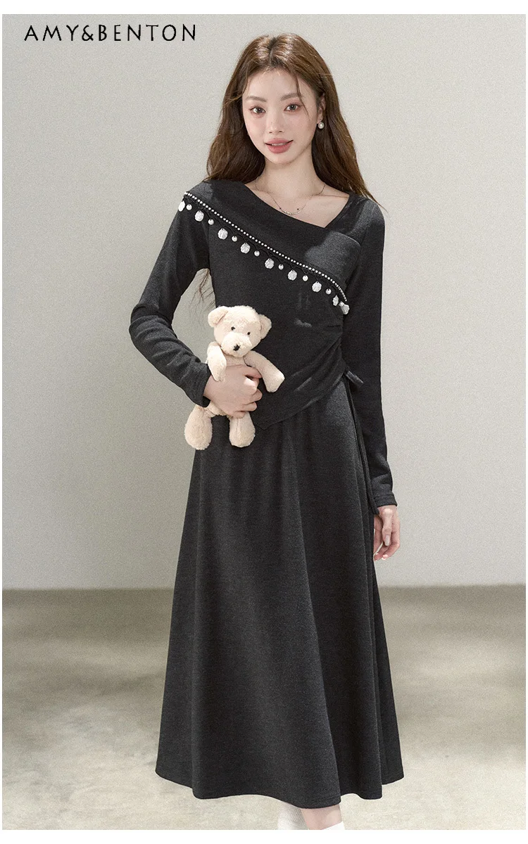 

2025 Spring and Autumn French Design Asymmetrical Shoulder Dress Fake Two-Piece High Waist Slim Commuter Dark Gray Long Dress