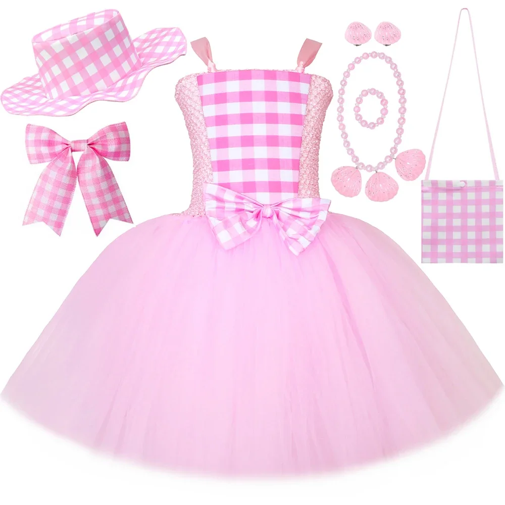 

Barbi Princess Tutu Dress for Girls Halloween Birthday Party Clothes Cosplay Movie Barbi Costume Kids Pink Plaid Tulle Dresses