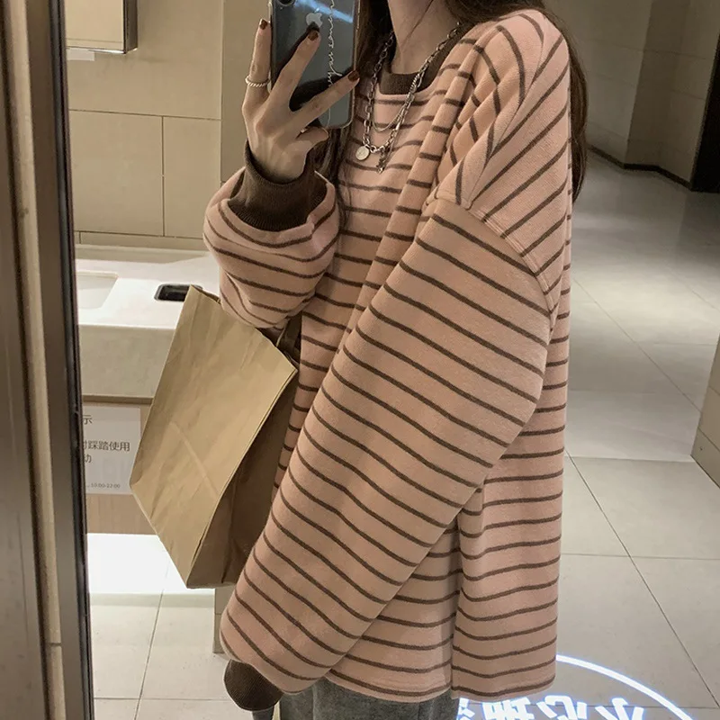Herbst- und Winter-Damen-Sweatshirt im koreanischen Stil, lässig, Rundhalsausschnitt, lange Ärmel, Farbblock-Streifenmuster, Oversize, locker geschnitten, Damenoberteile. – Detail 10