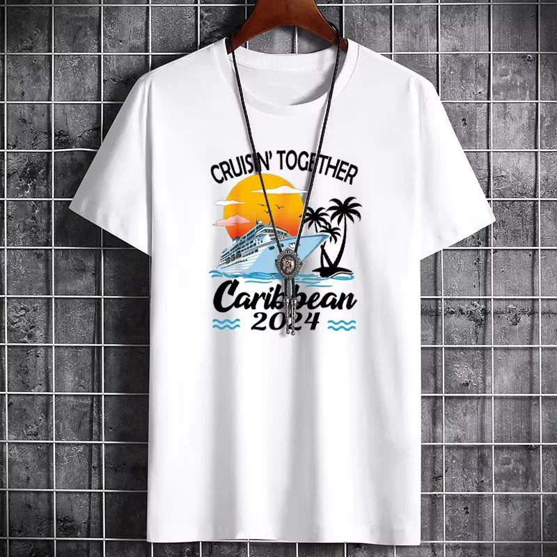 2026 Men Caribbean Cruise Sunset Palm Tree Graphic T Shirt Crew Neck Short Sleeve Black Cotton Casual Vacation Tees