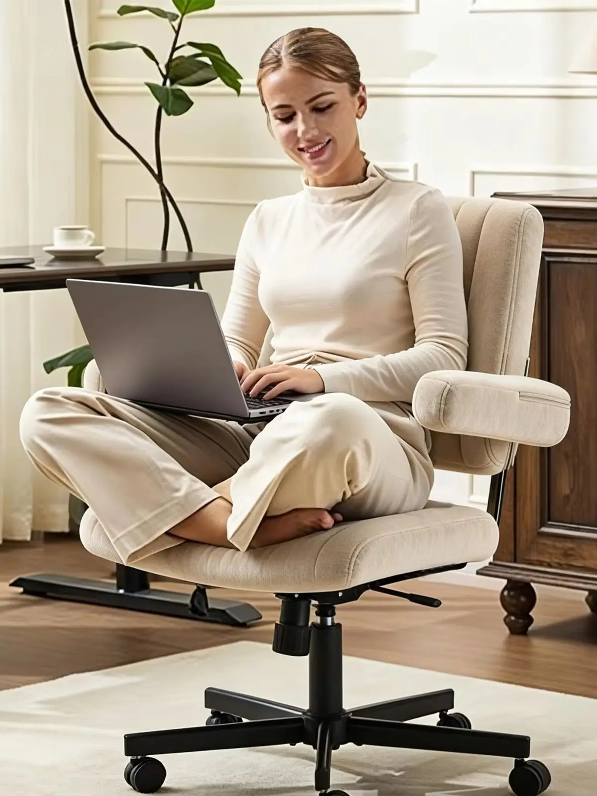 Vigosit Criss-Cross-Stuhl, rutschfester Stoffbezug, bequemes Kissen, moderner Bürostuhl, niedlicher Schminktisch-Drehstuhl mit Rückenlehne, moderner Stoffbezug mit Rollen, Drehstuhl für Büro, Zuhause