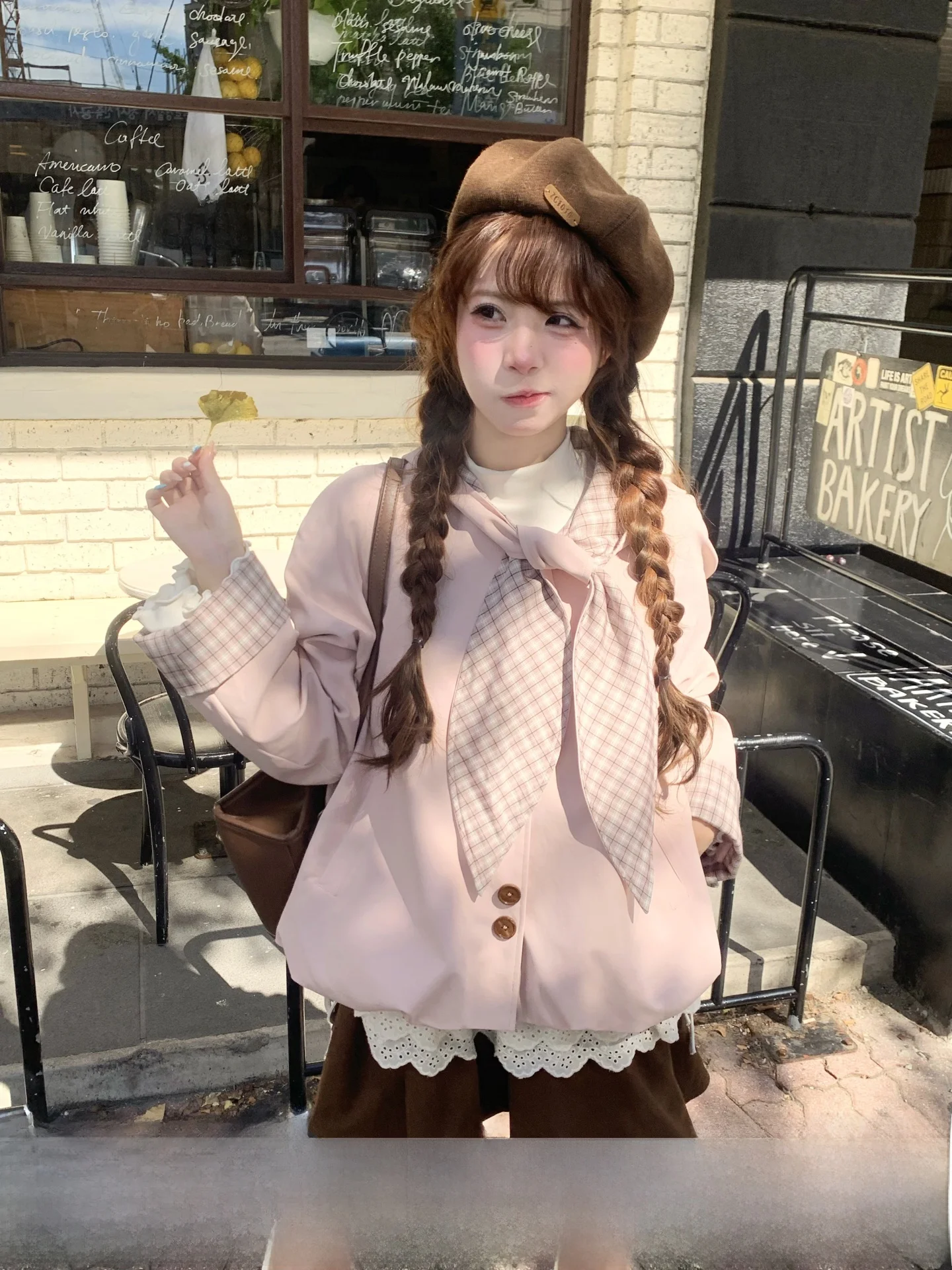 Pink Plaid Lace Splicing Short Skirt Inner Wear Coffee Color Girl's Style Long Sleeve Coat Standard Fit Pure E-commerce Sale
