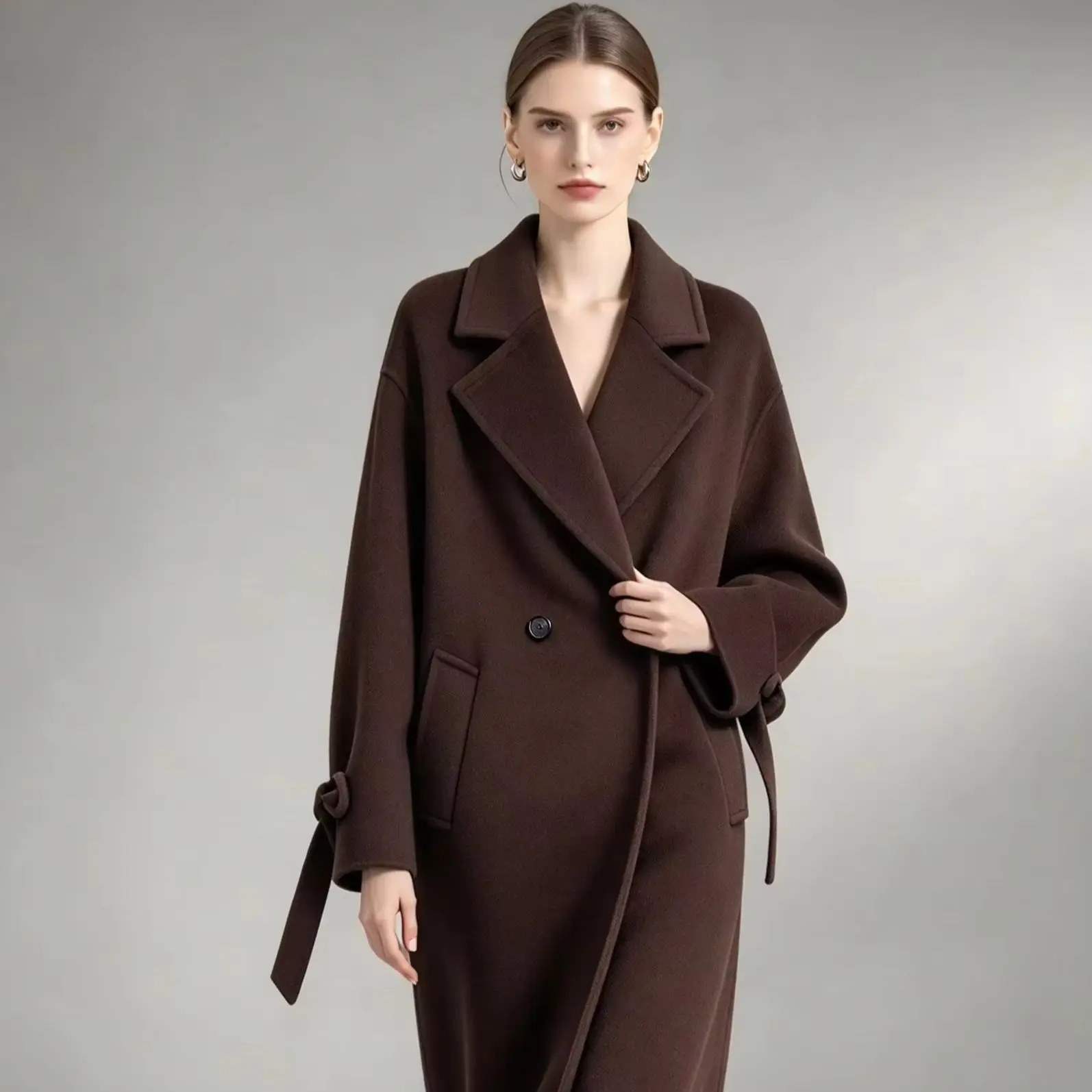 Elegant Women’s Overcoat Double Breasted Lapel Loose Long Silhouette Wool Fabric Business Meeting Party Banquet Customized