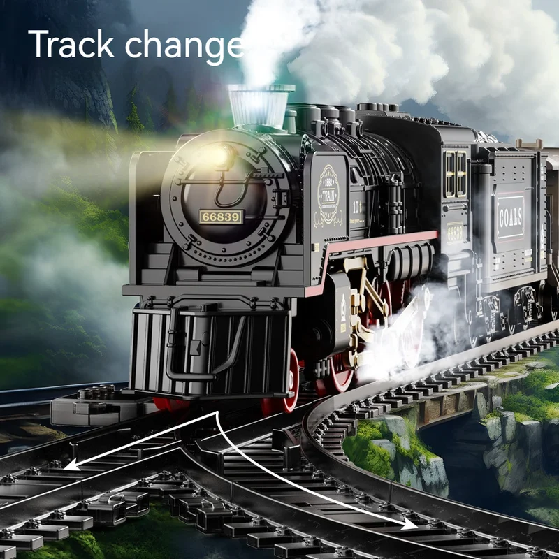 전기 기차 트랙 세트 조명 소리 레트로 시뮬레이션 레일 자동차 모델 어린이 철도 장난감 어린이 크리스마스 선물 교육