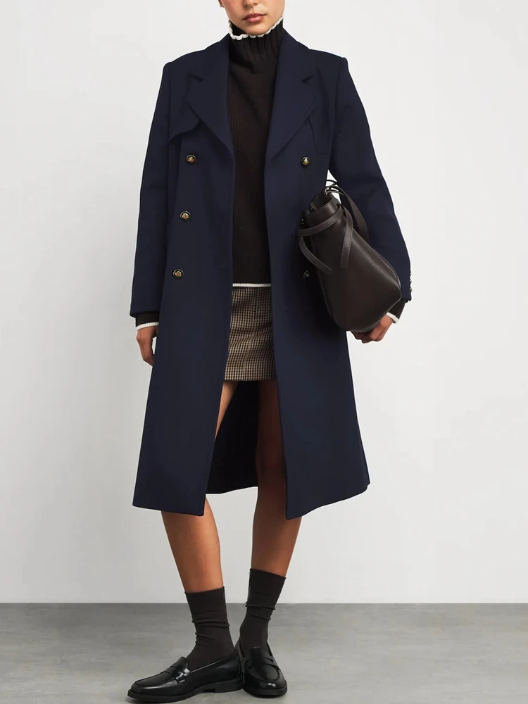 

Deep Blue Double-breasted Long Coat Briti Sle Collar Jaet Autumn Winter New Arrival Women's Faion Outerwear Coat