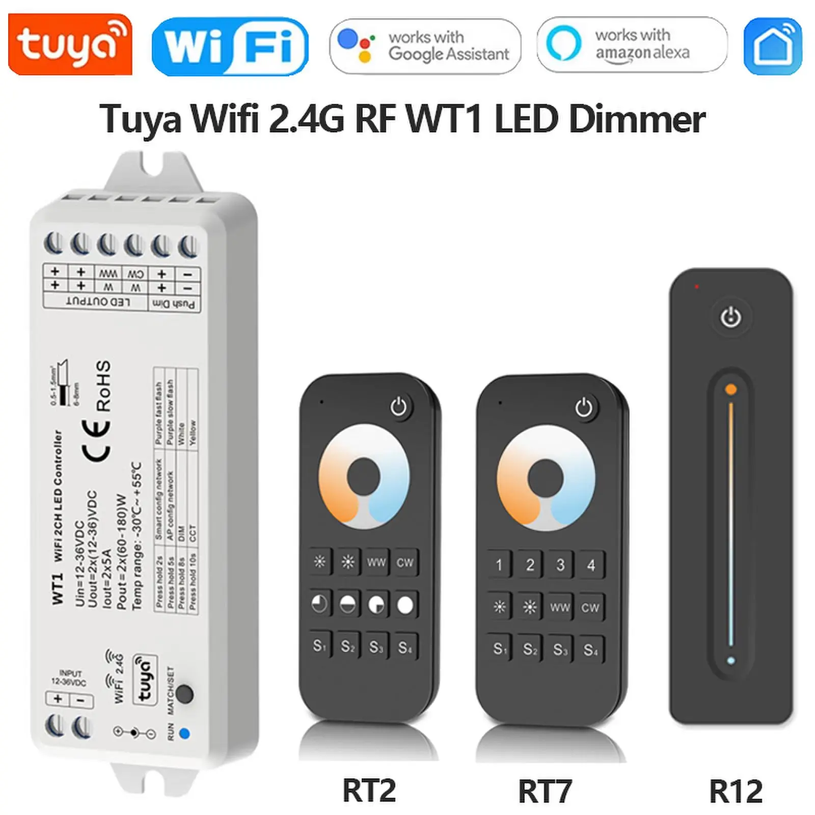 Tuya Wifi 2.4G RF WT1 LED ściemniacz DC12V 24V 2CH * 5A WW CW CCT bezprzewodowy kontroler zdalnego przyciemniania inteligentnego życia dla Alexa