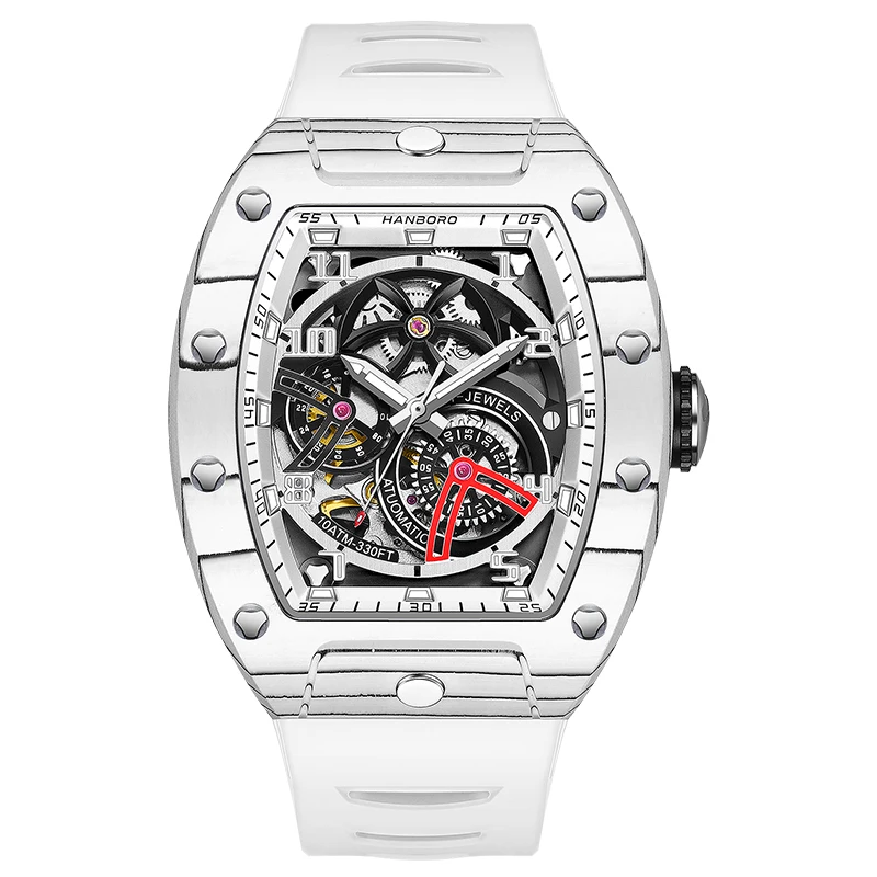 ساعة يد أوتوماتيكية للرجال من HANBORO حافظة تونيو ساعة يد ميكانيكية من ألياف الكربون 5ATM قرص هيكل عظمي مضيء 24 ساعة 21 جواهر Mov.