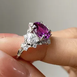 Delicate Silver Color Metal Oval Purple Stone Ring Fashion Party Engagement Wedding Rings for Women Jewelry