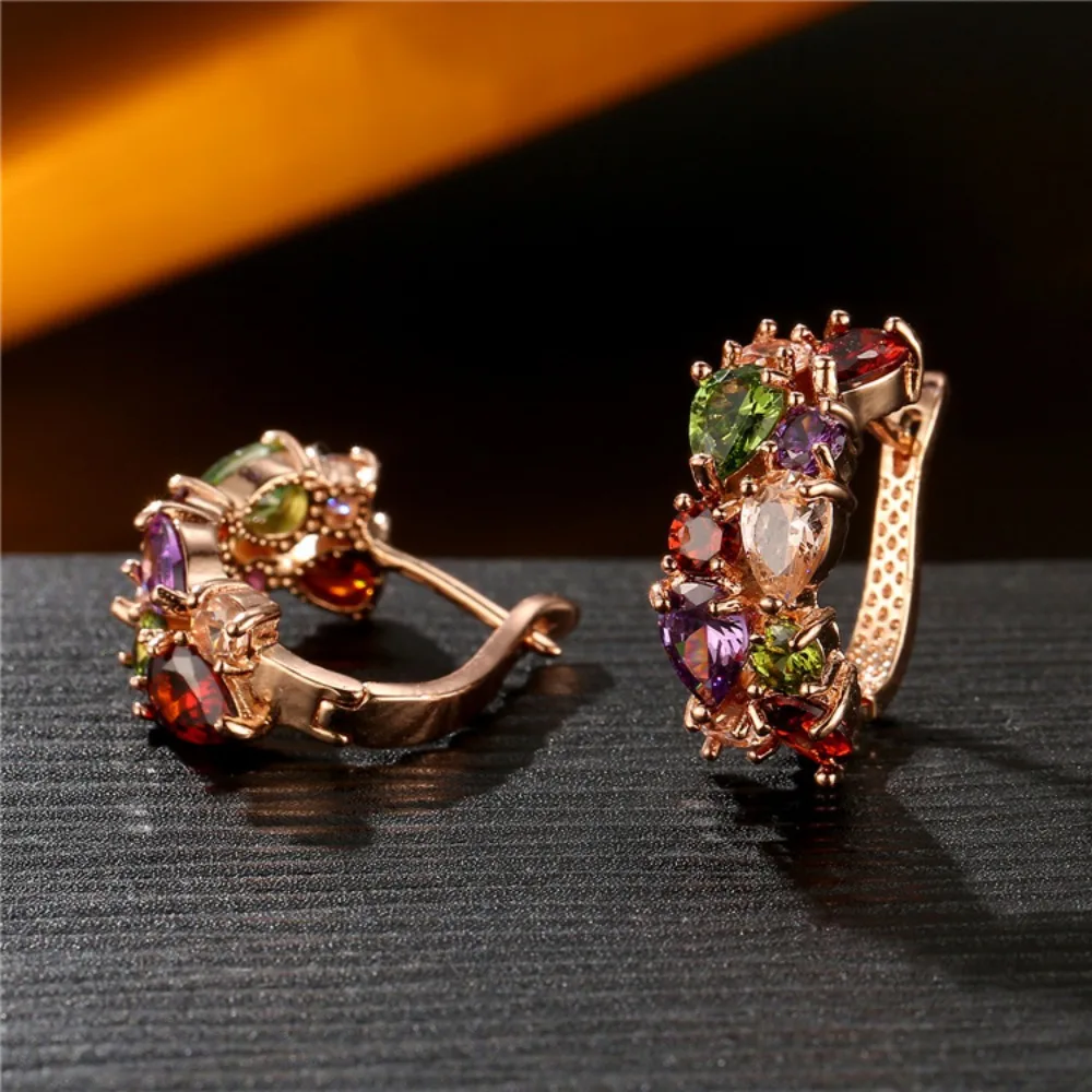 Exquisite Multicolour Water Drop Crystal Hoop Earrings for Women Luxury Gold Color Zircon Bride Fashion Jewelry Friendship Gift