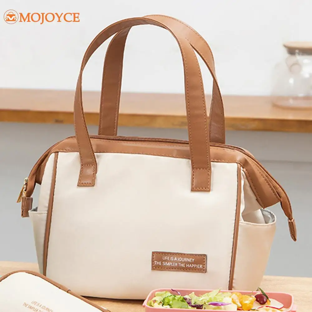 Women's Thermal Lunch Box Large Capacity Bento Tote Bag Patchwork Waterproof Handbag PU Leather Shoulder Bags for Outdoor Travel