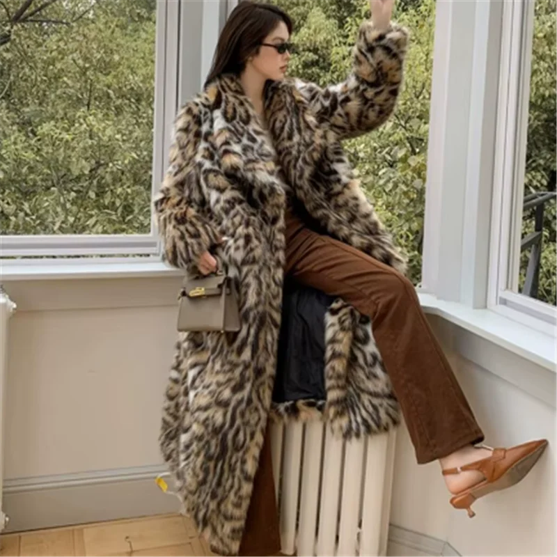 คุณภาพสูงฤดูหนาวสัตว์เสือดาว Faux FUR Long Coat แขนยาวหลวมเสื้อแจ็คเก็ตหลวม Outerwear