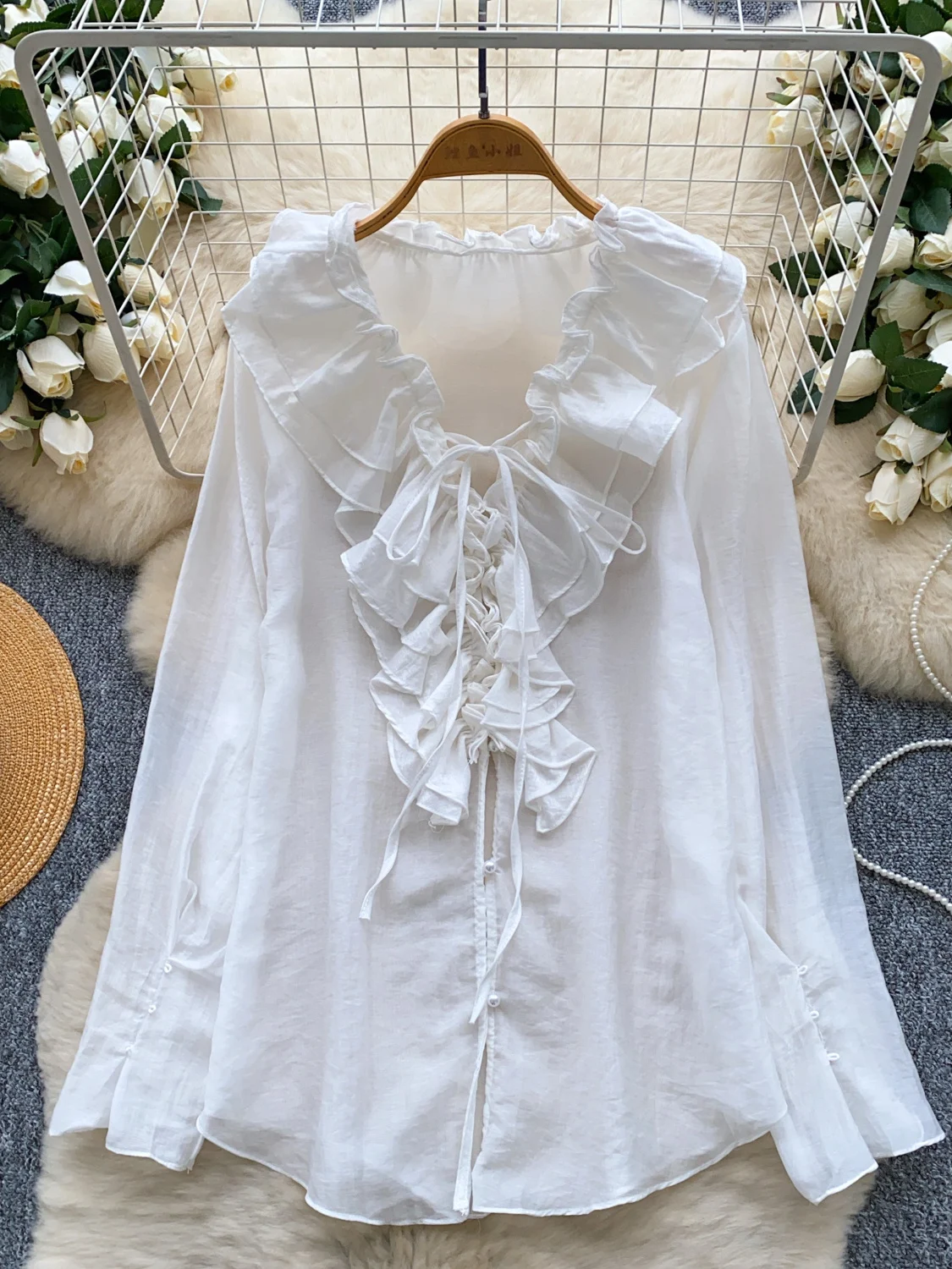 

Retro Long Sleeved Shirt for Women Autumn Ruffled Edge Design Top for Ladies Elegant Blouse