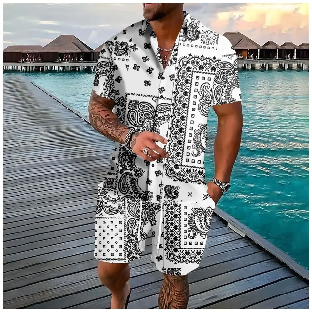 Conjuntos hawaianos, camisas con botones y flores de anacardo, pantalones cortos, mezcla de colores, moda de playa, ropa de calle Hipster, chándales, ropa para hombre