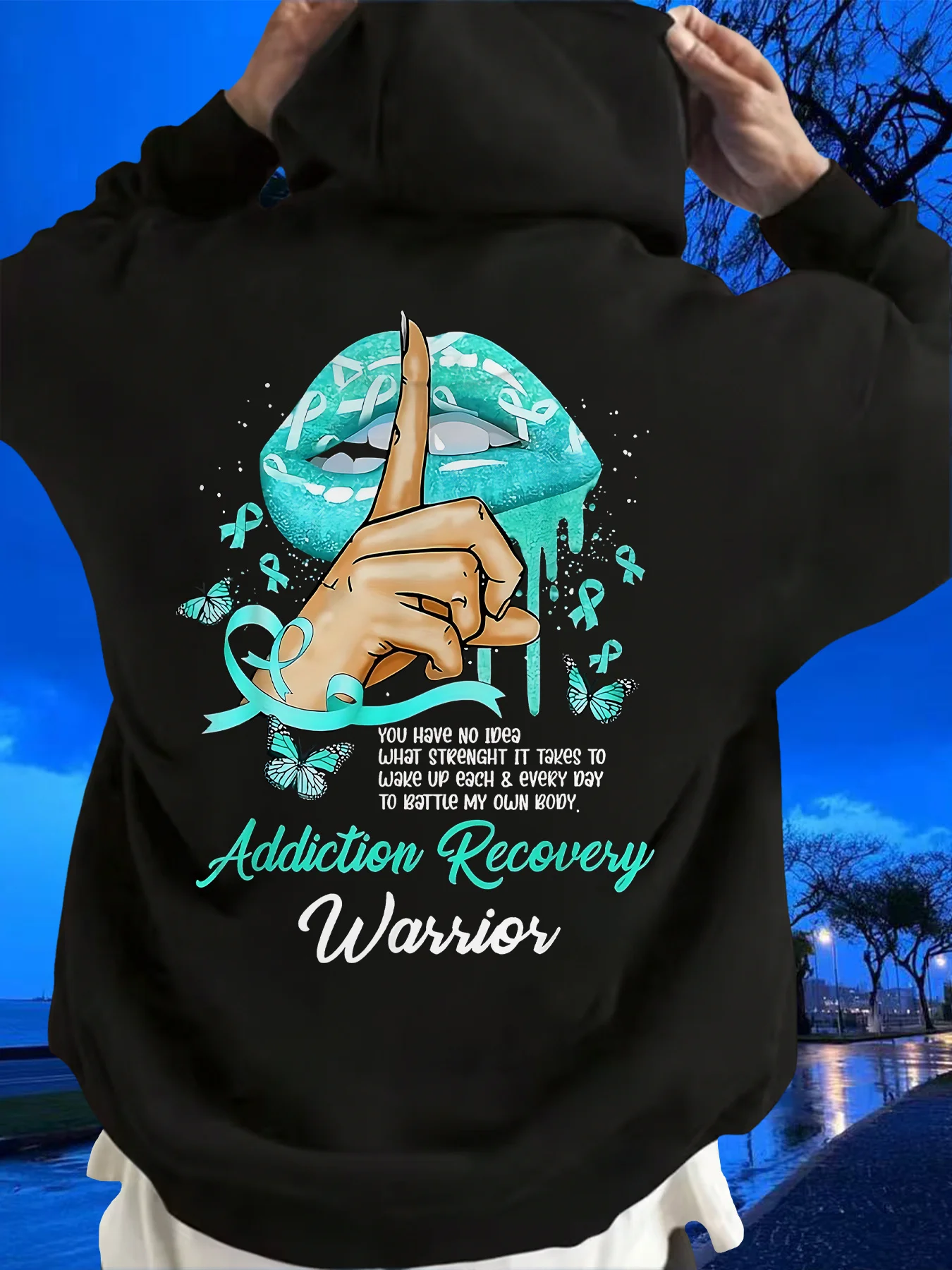 Men's Public Welfare Rehabilitation Theme Hoodie - Addict Rehabilitation Warriors' Lip Graphic Print - Warm and Comfortable