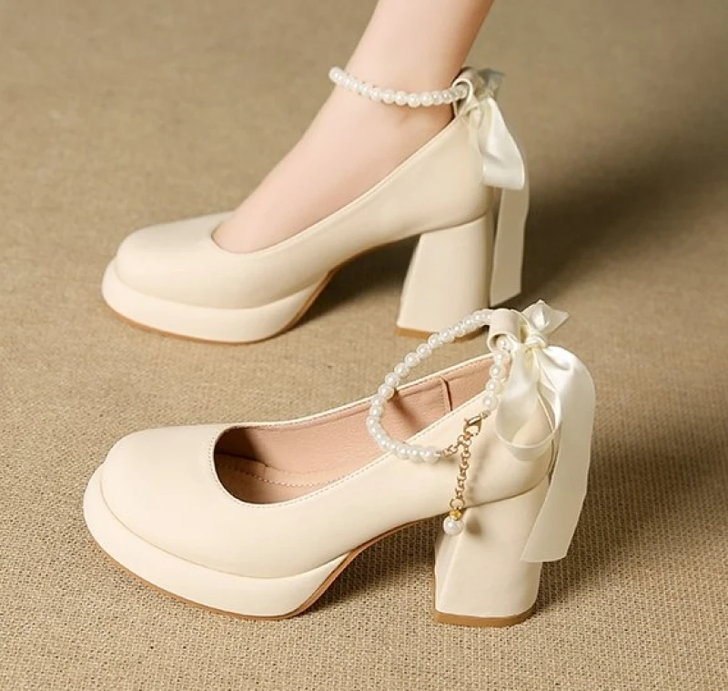 New Pearl Ankle Strap Platform Women's High Heel Shoes Women's Bow Dress Shoes Women's Fashion Casual Comfort Simple Plus Siz 43