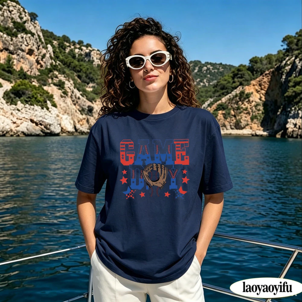 Game Day Baseball Star Graphic T Shirt Women Checkered Flag Baseball Glove Ball Print Crew Neck Short Sleeve Cotton Tops
