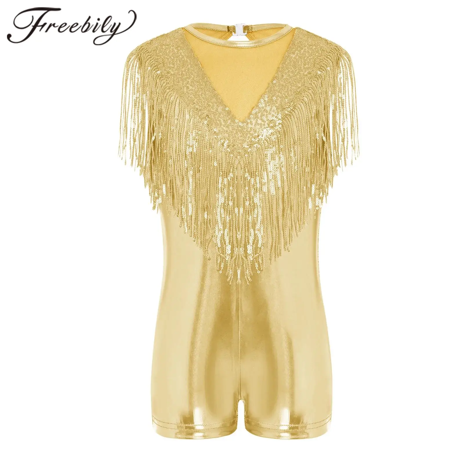

Детский джазовый танцевальный костюм-комбинезон для девочек, гимнастический купальник с пайетками и бахромой, металлический комбинезон в стиле диско 70-х, безрукавный боди