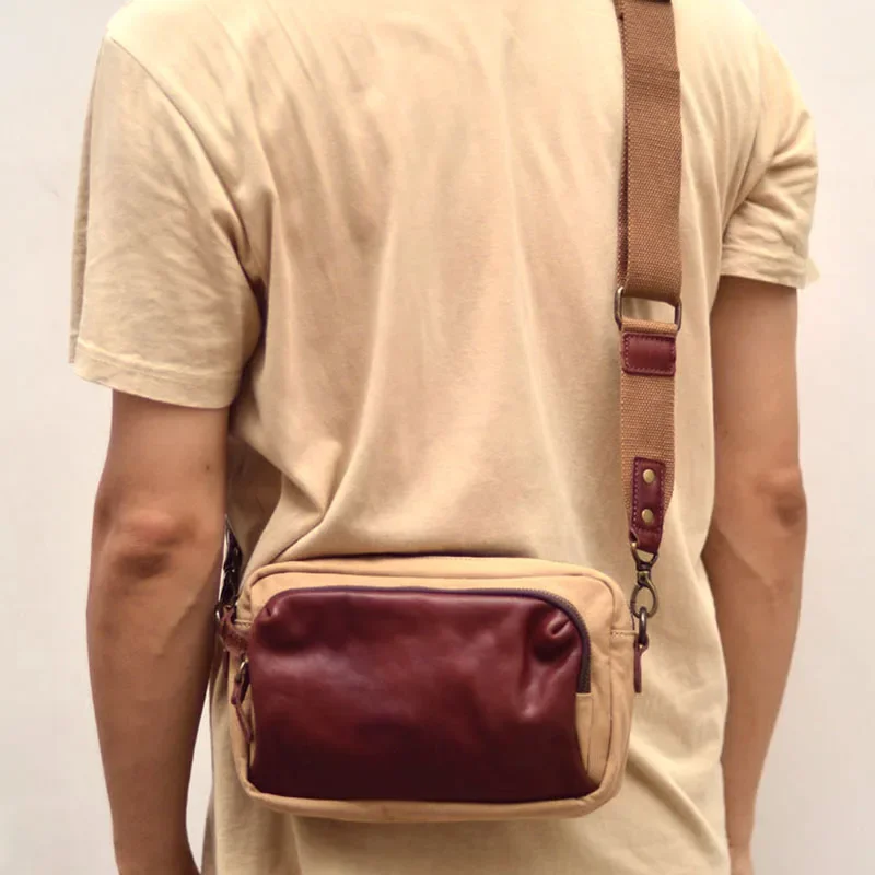 Сумка на одно плечо оригинального и нишевого дизайна, мужской рюкзак в стиле ретро, модный полотняно- и кожаный горизонтальный рюкзак.