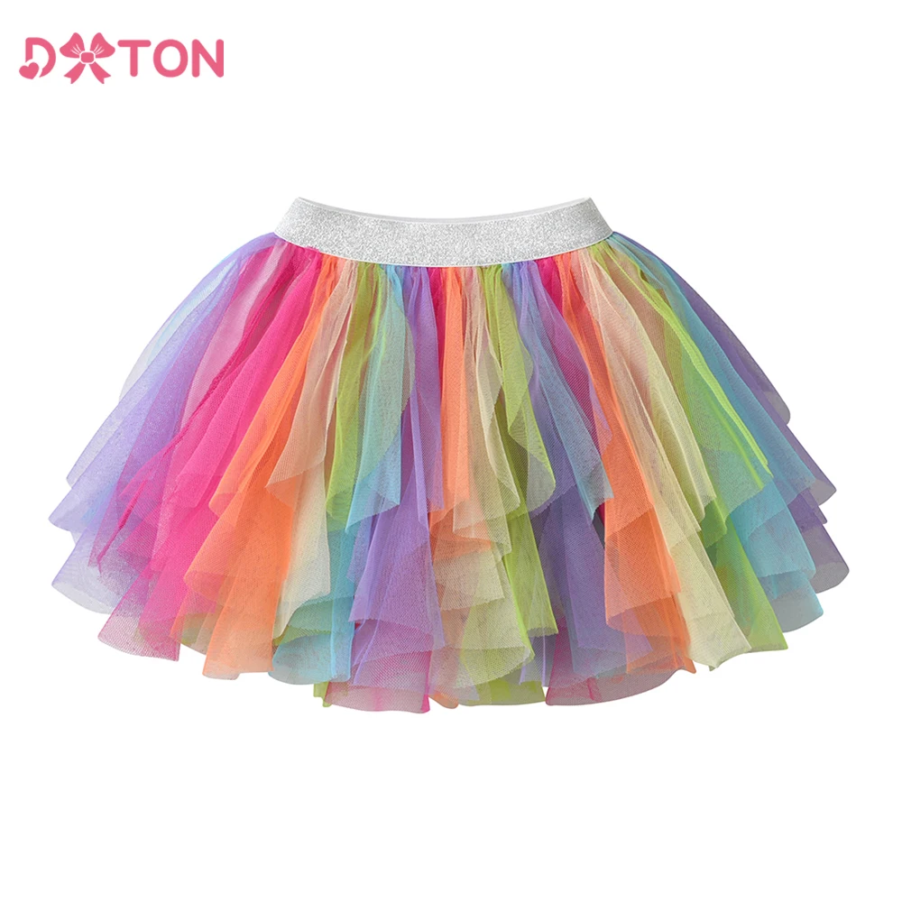 DXTON Kids Tutu Skirts For Girls Rainbow Mesh Tulle Patchwork Children Petiskirt Irregular Ballet Dancing Colorful Skirt 3-10Yrs