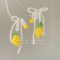 Pearl lemon necklace cute fun fruit shape millet bead bow earrings