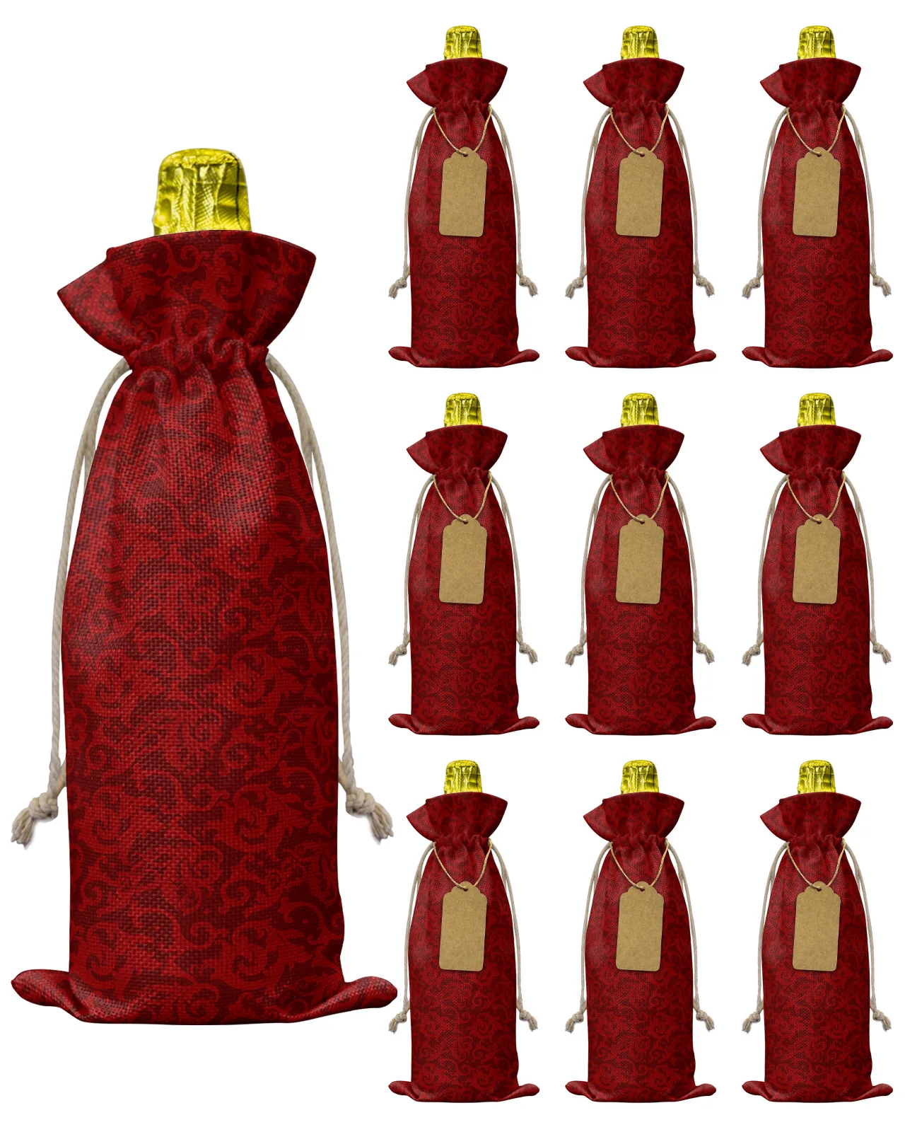 10pcs Winter Christmas Retro Red Pattern Wine Bottle Bag with Drawstring Festive Party Decor Wine Bottle Covers Xmas Gift