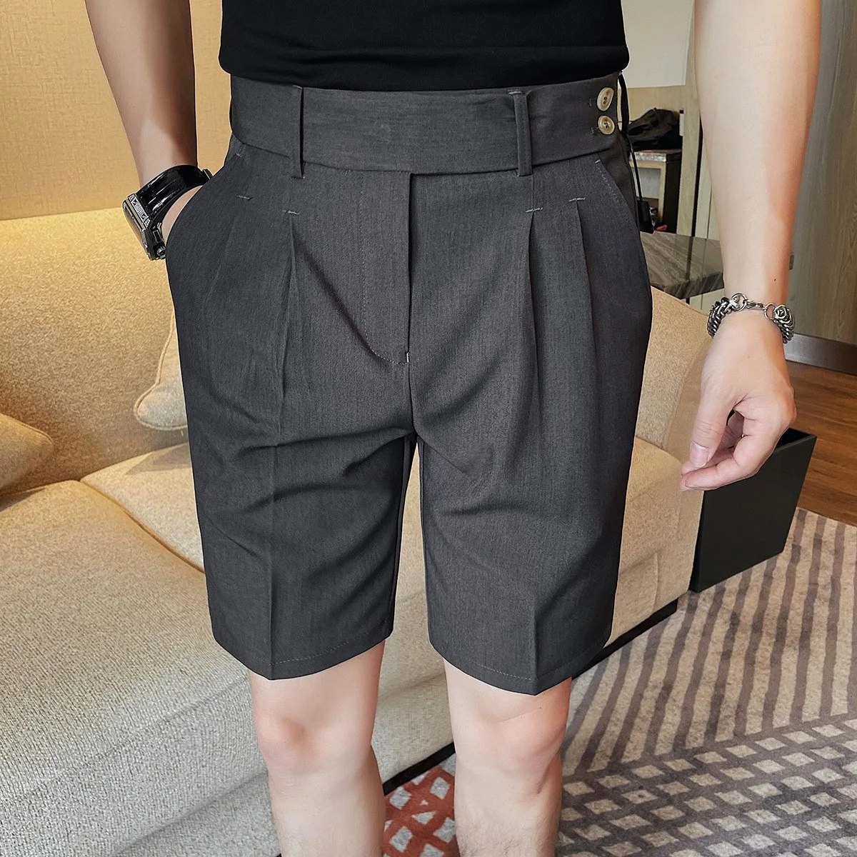 Men's Solid Color Simple Basic Casual Trendy Daily Loose Straight Knee Length Suit Shorts Male Summer 2026 New Fashion Clothes