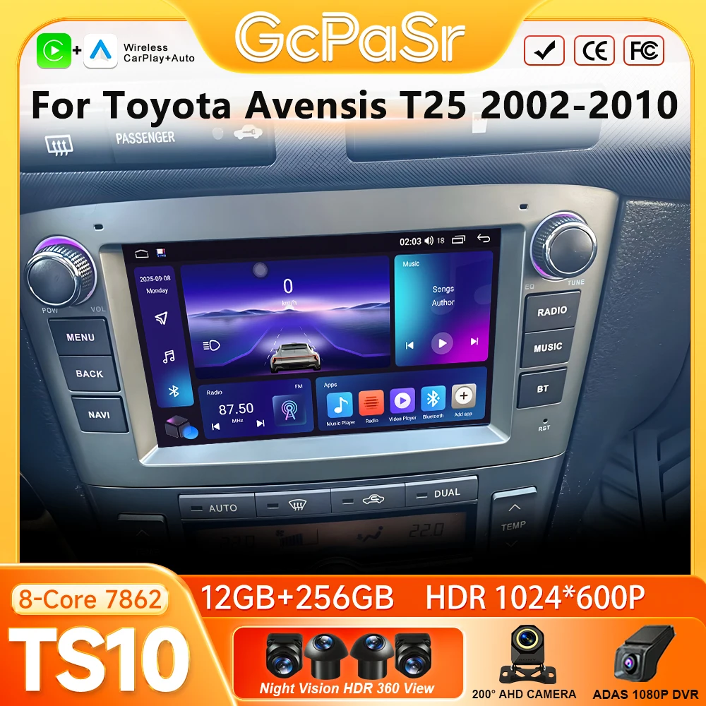 Car Radio Carplay For Toyota Avensis T25 2002-2010 Navigation GPS Android Auto 5G Wifi Cam No 2din Video Autoradio Video Display