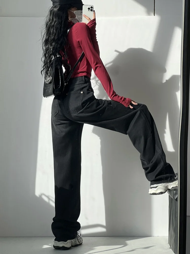 American Sle High Waist Wide Leg Jeans Women's Four Season Small Size Straight Loose Leg Covering Light Blue Floor-Length P...