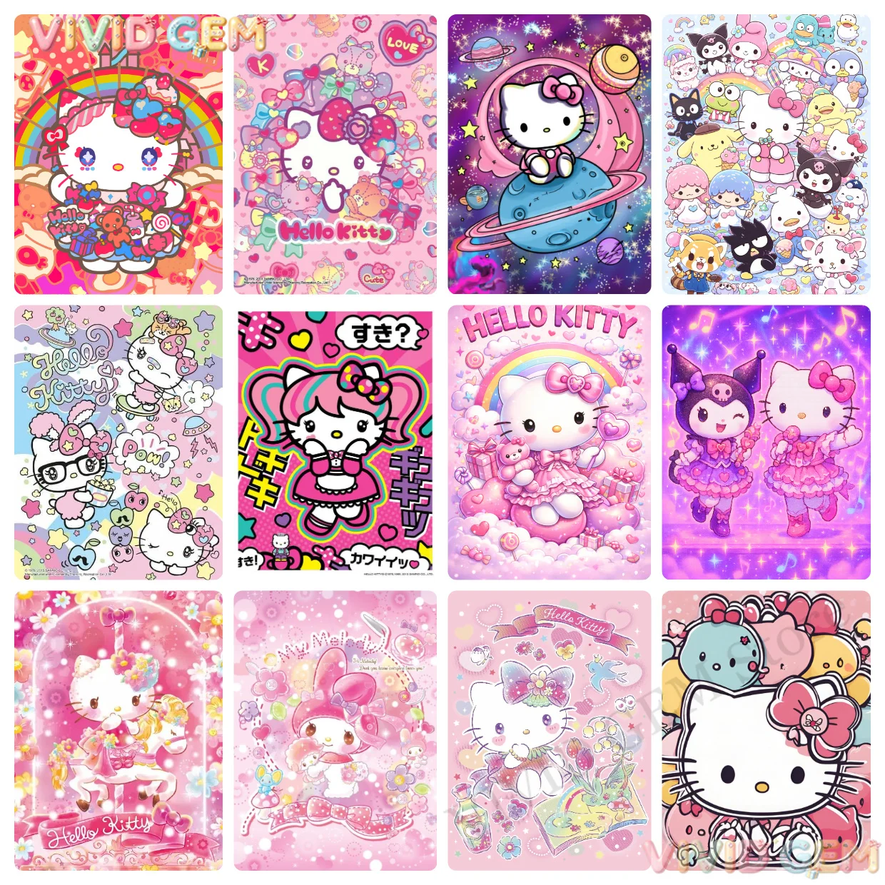 VIVID GEM Kawaii Pink Kawaii Hello Kitty Sanrio Diamond Painting Full Drill Cartoon Art DIY Girls Room Decor Gift