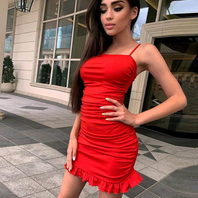 Robe de discothèque moulante froncée à bretelles pour femmes, Style européen et américain avec volants, été
