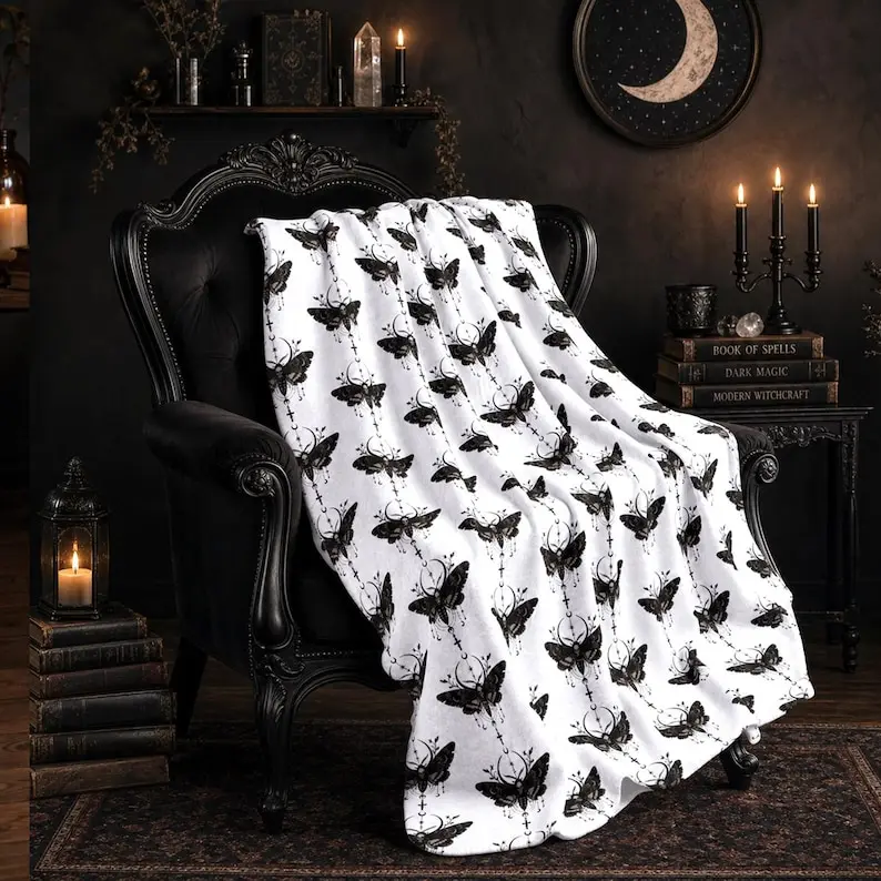 Vintage Moth Pattern Fleece Sherpa Blanket, Gothic Home Decor, Halloween Blanket, Super Soft Gothic Blanket, Throw With Death Moth Pattern