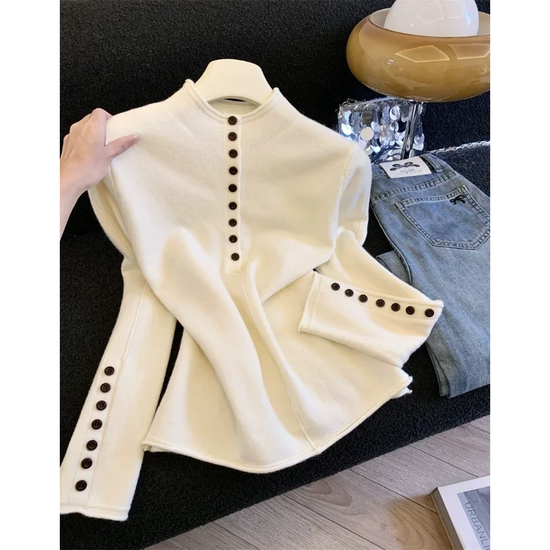 Camicetta da donna in maglia con collo a lupetto grigio scuro, decorazione con bottoni, ampia, manica lunga, morbida, comoda, casual, da indossare ogni giorno
